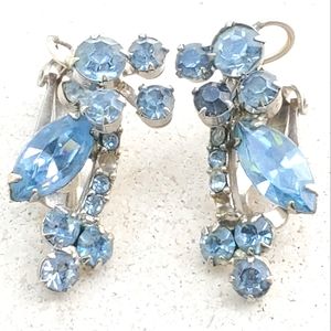 Vintage Light Blue Rhinestone Abstract Flower Clip Earrings